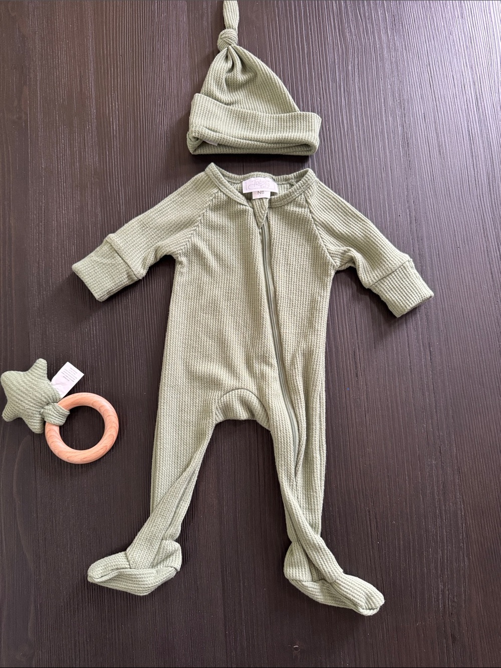 ✨ Toby- Olive Green Waffle-Knit Footed One-Piece with Knot Hat✨
